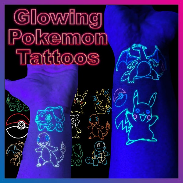 Pokemon Tattoos - UV blacklight reactive Glow in the Dark Party Tattoos - Fluorescent neon temporary tattoos - rave accessories, festival