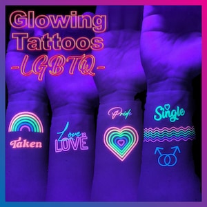 Tatuajes de fiesta fluorescentes que brillan en la oscuridad y reaccionan con la luz ultravioleta - Tatuajes del orgullo LGTBQ - Tatuajes temporales fluorescentes de neón - gay, arcoíris, homosexual
