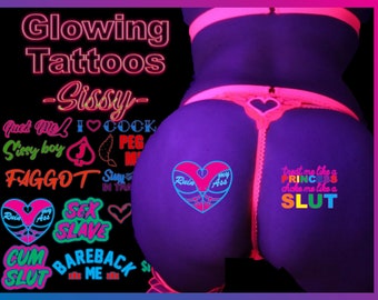 Sissy Tattoos - UV blacklight reactive Glow in the Dark Tattoos - Kinky Femboy Tattoos - Fluorescent neon temporary tattoos - NSFW tattoos
