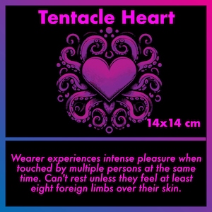 May include: A pink heart surrounded by purple tentacles, with the text "Tentacle Heart" and "14x14 cm".