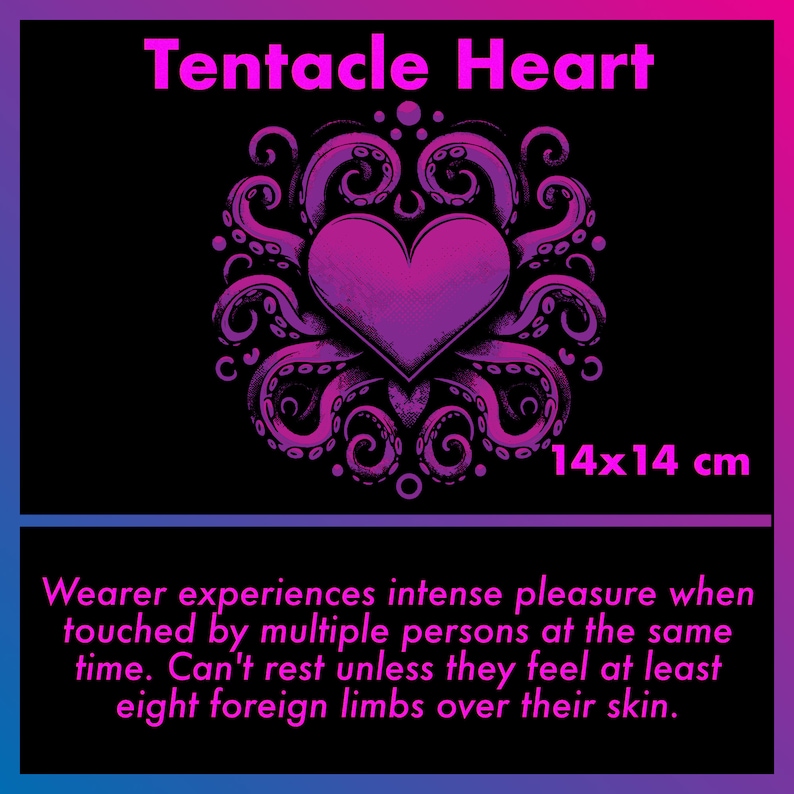 May include: A pink heart surrounded by purple tentacles, with the text "Tentacle Heart" and "14x14 cm".