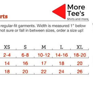 May include: Youth size chart for Gildan 5000B t-shirts. The chart shows measurements in inches for width and length, with sizes ranging from XS (2-4) to XL (18-20).