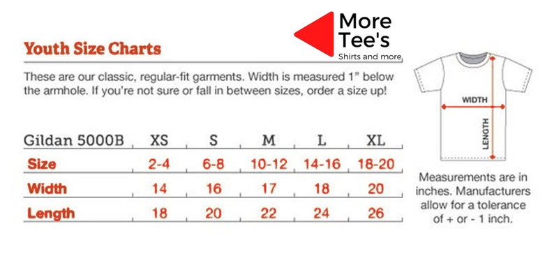 May include: Youth size chart for Gildan 5000B t-shirts. The chart shows measurements in inches for width and length, with sizes ranging from XS (2-4) to XL (18-20).