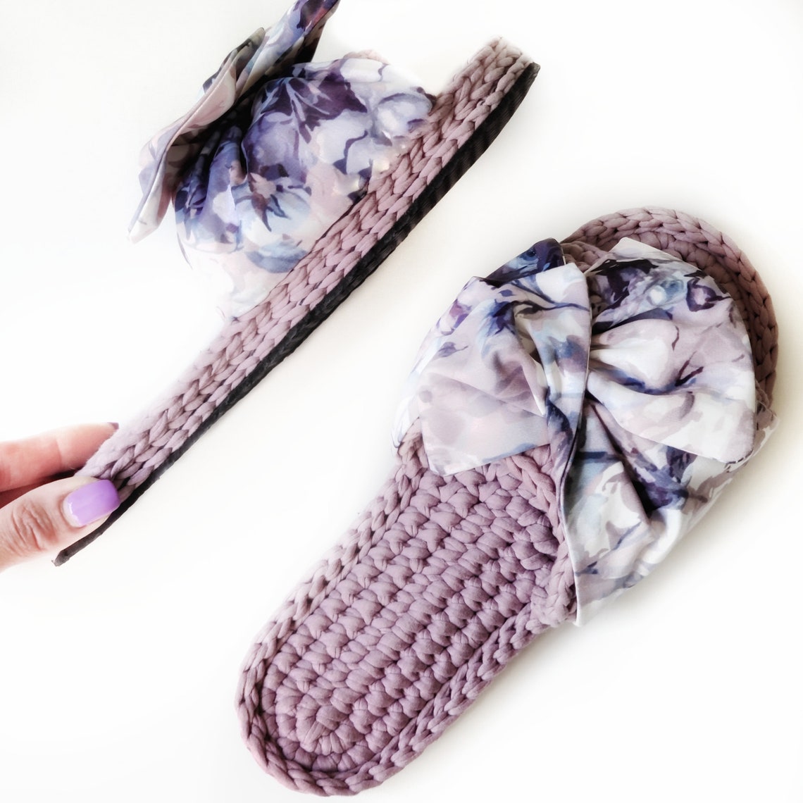Womens cotton slippers with bow Handmade knit house slippers Etsy