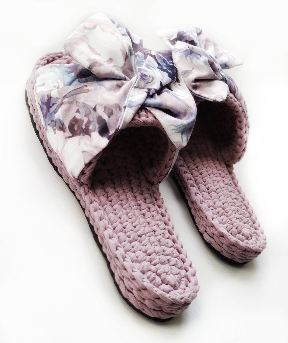 Womens cotton slippers with bow Handmade knit house slippers Etsy