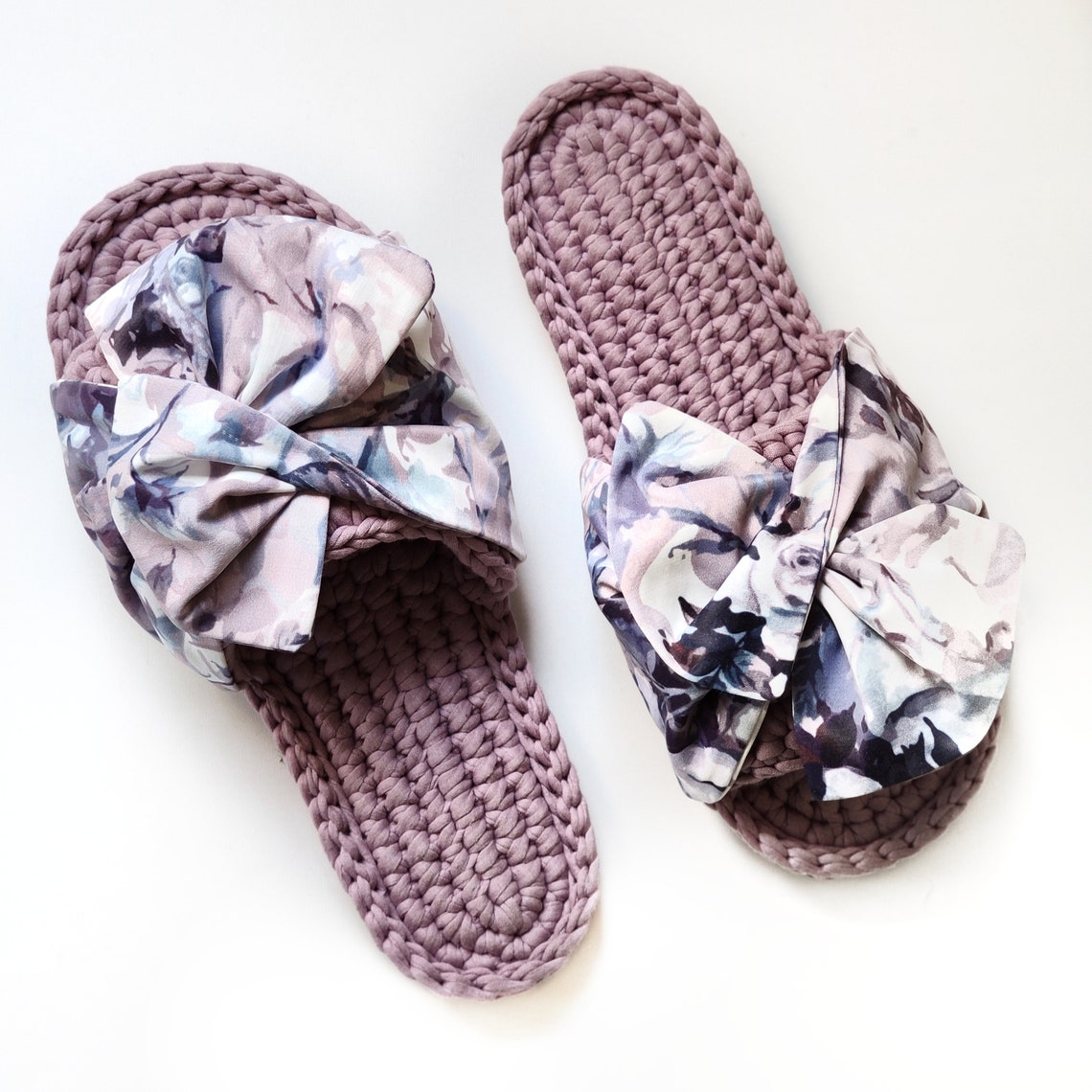 Womens cotton slippers with bow Handmade knit house slippers Etsy