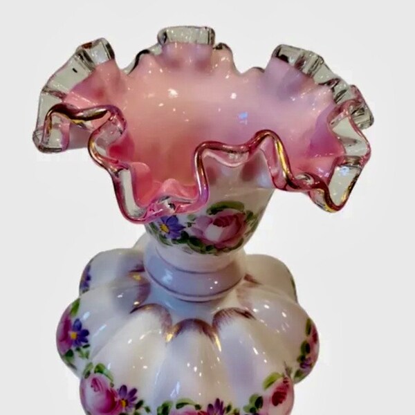 vintage Fenton Charleton Roses w Gold Peach Crest Melon Vase 8,5" décoré à la main