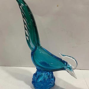 Murano Art Glass Teal Green Blue Pheasant Roadrunner Vintage MCM 13"