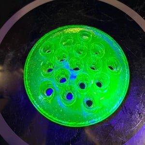 Vintage Green Vaseline DESIGNED Glass 16 Holes Flower Frog Uranium Glow