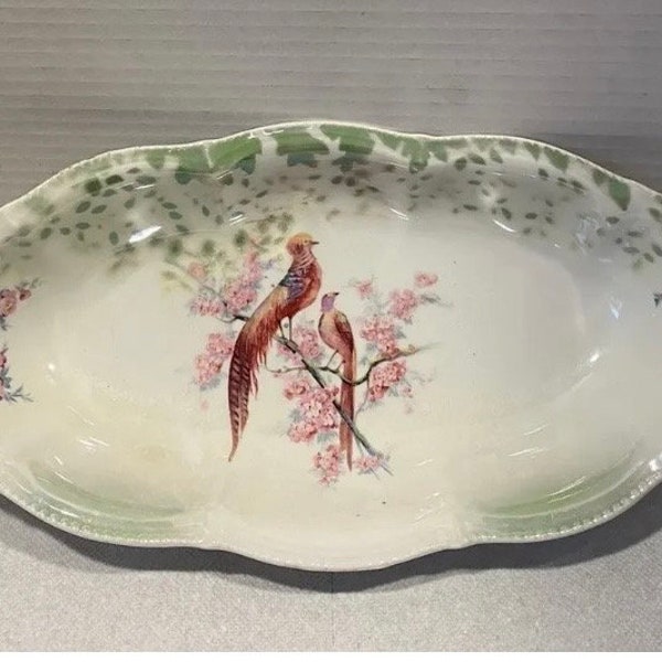 Vintage German Serving Celery / Relish Dish Birds & Pink Dogwood Flowers