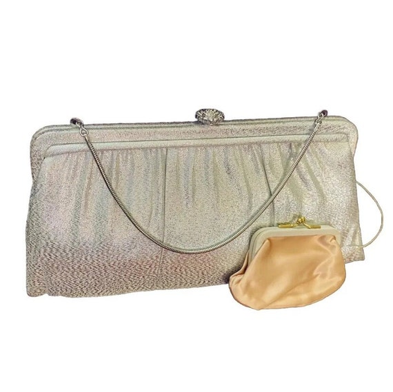 Vintage HL USA Silver Satin Handbag Crystal Clasp… - image 5