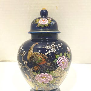 Cobalt Blue Gold Peacock Pink Floral Porcelain Ginger Jar With Lid Japanese 8&quot;