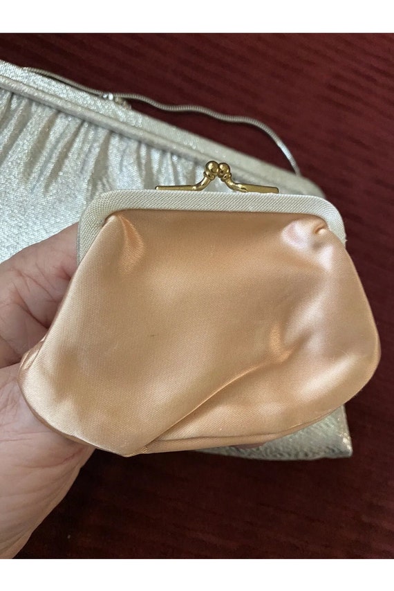 Vintage HL USA Silver Satin Handbag Crystal Clasp… - image 6