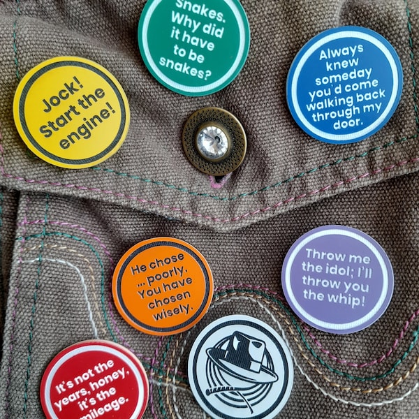 Indiana Jones Pin Badge, Raiders, Temple of Doom, Last Crusade, Coloured Acrylic or Wood, Pin