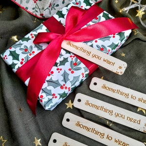 Something You Want, Need, To Wear, Read & Share, Mindful Wooden Gift Tags, Reusable, Set of 5