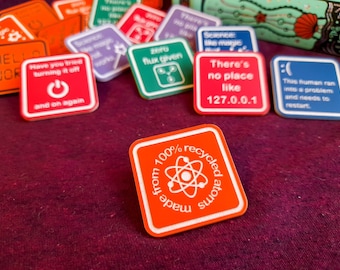 Recycled Atoms Science Pin Badge, Biology Chemistry Physics, Coloured Acrylic