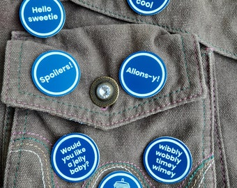 Dr Who Pin Badge, Wibbly Wobbly Timey Wimey, Tardis, Dalek, Sweetie, Jelly Baby, Coloured Acrylic or Wood, Pin