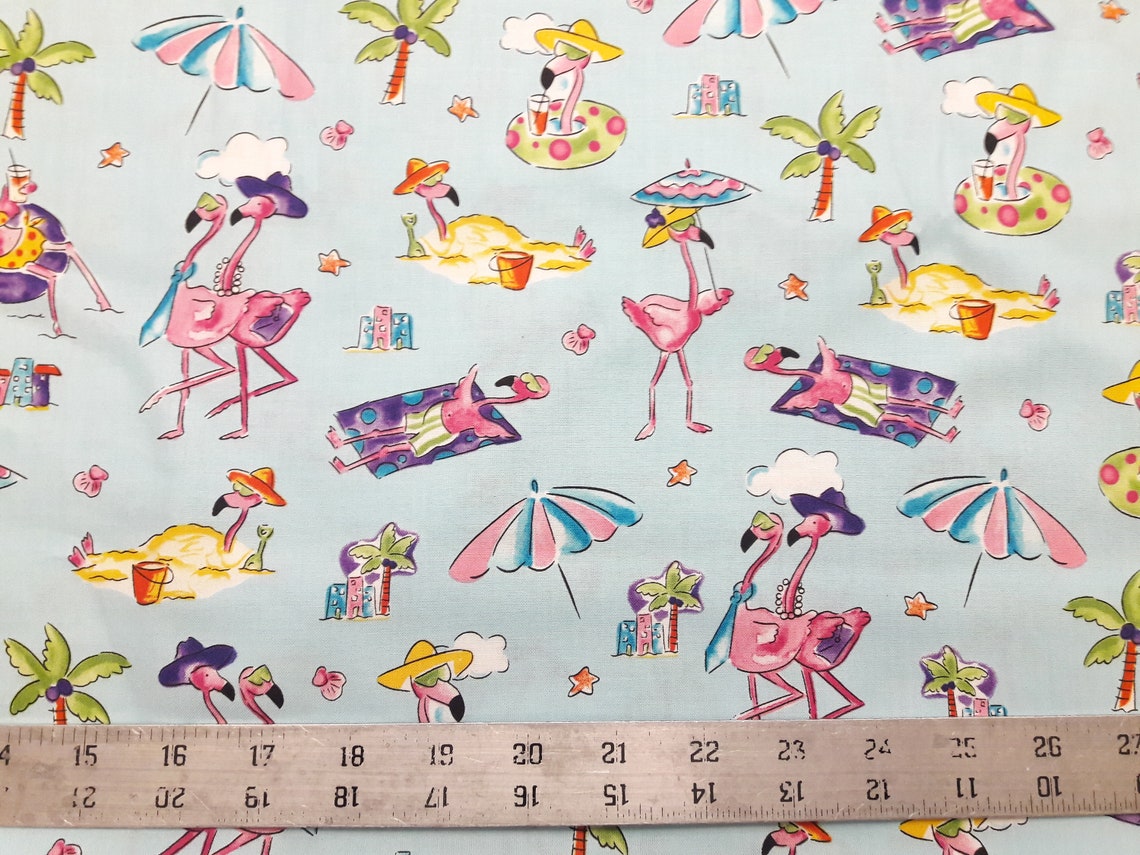 Fun Flamingo Beach Theme Print Fabric 100 Cotton Sold by the Etsy
