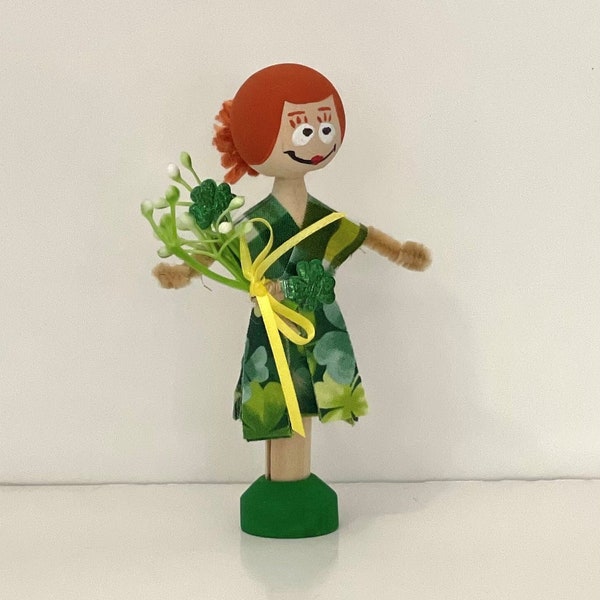 St. Patrick's Lass with Lucky Clover Clothespin Peg Doll