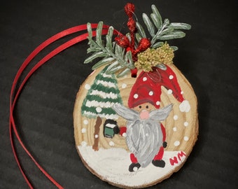 Gnome Wood Slice 2-sided Ornament- Hand-Painted