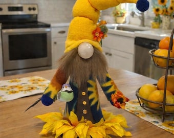 Sunflower Gnome with Songbird - 13 Inches Tall - Hand-made