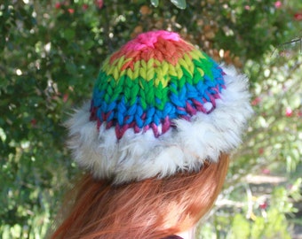 Bulky Knit Cap - Neon Rainbow with White Faux Fur Trim