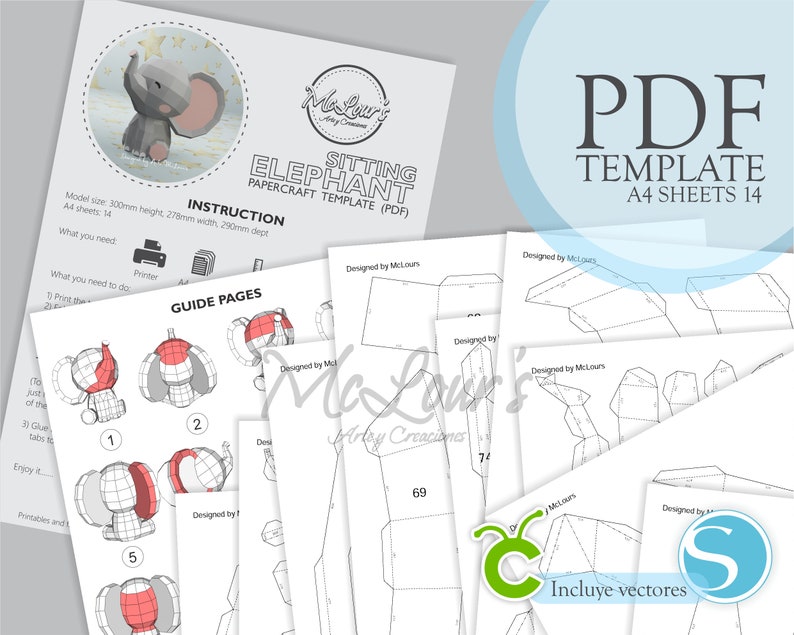 Sitting Elephant/ DiY Craft/ Template PDF STUDIO SVG/ Low Poly/ Papercraft/ 3D Elephant/ Origami/ Home decor image 3