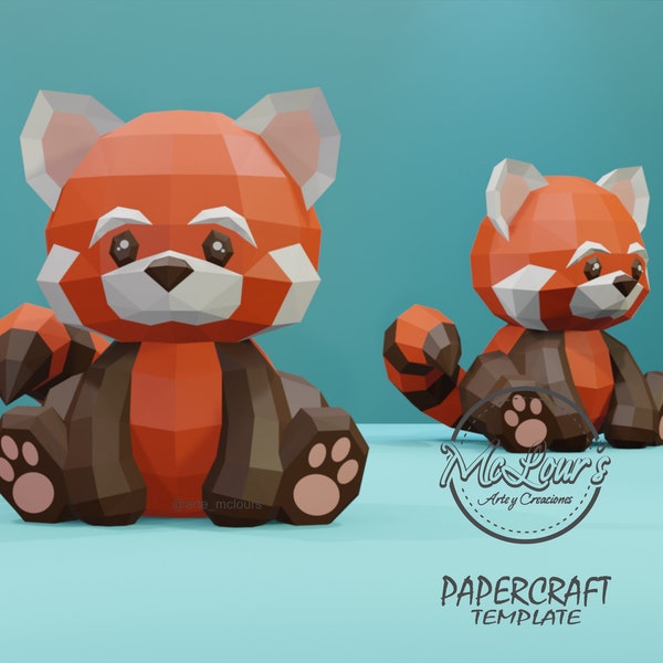 Panda rosso seduto/ Fai da te/ Modello PDF STUDIO SVG/ Low Poly/ Papercraft/ 3D Panda Rosso/ Origami/ Decorazioni per la casa