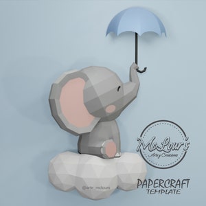 Little Elephant on the Cloud/ DiY Craft/ Template PDF STUDIO SVG/ Low Poly/ Papercraft/ 3D Elephant/ Origami/ Home decor