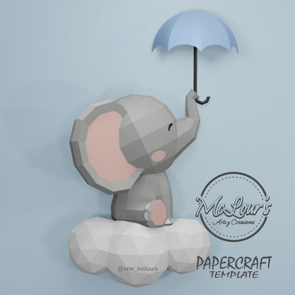 Petit éléphant sur le nuage/ DiY Craft/ Template PDF STUDIO SVG/ Low Poly/ Papercraft/ 3D Elephant/ Origami/ Home decor