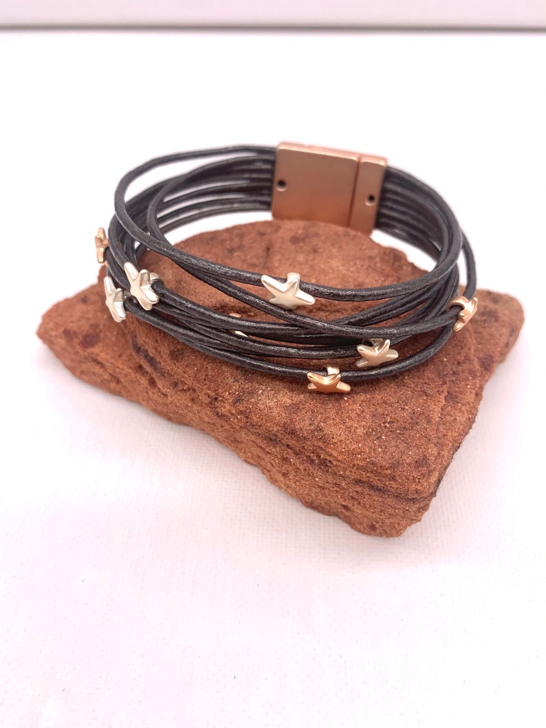 Dark Silver Leather Beaded Cuff,Braceler for woman,Gifts for mothers day,Boho Style. Women/'s Wrap Stars Cuff