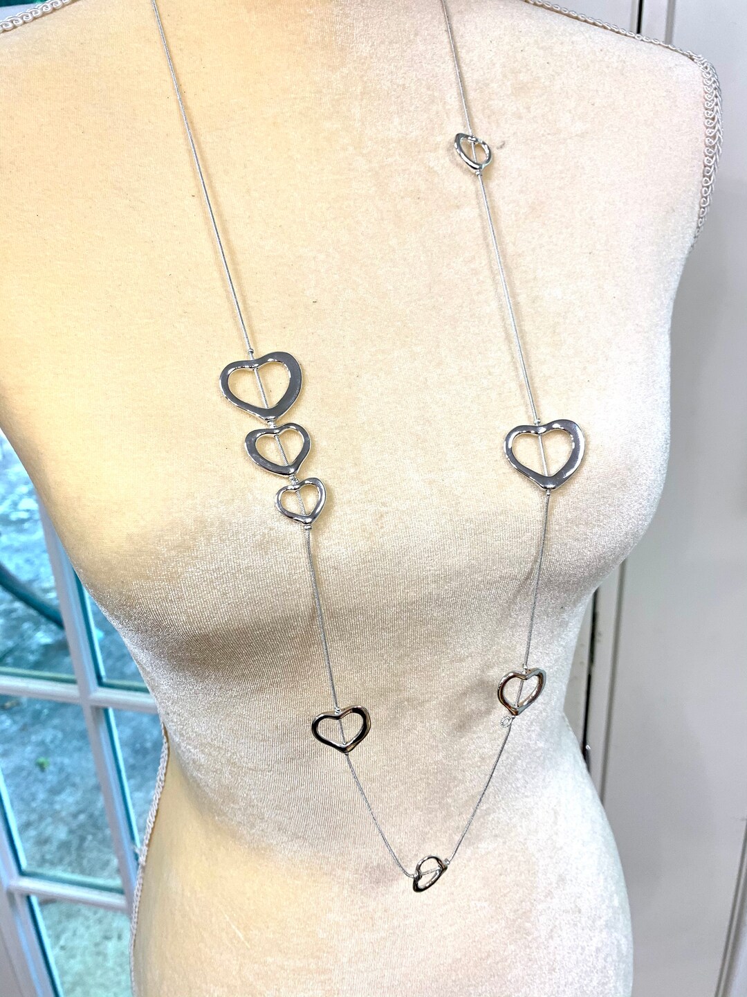 Multiheart Strand Necklace,8 Hearts Charm Silver Tone ,statement