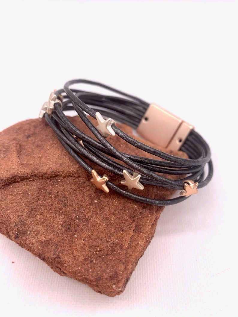 Dark Silver Leather Beaded Cuff,Braceler for woman,Gifts for mothers day,Boho Style. Women/'s Wrap Stars Cuff
