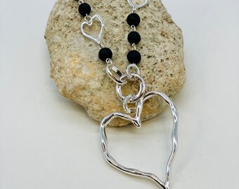 Open Hearts Long Necklace /Lava Stone Necklace / Mindfulness Gift / Valentines Day Gift for Her