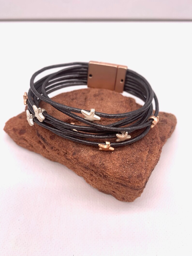 Dark Silver Leather Beaded Cuff,Braceler for woman,Gifts for mothers day,Boho Style. Women/'s Wrap Stars Cuff