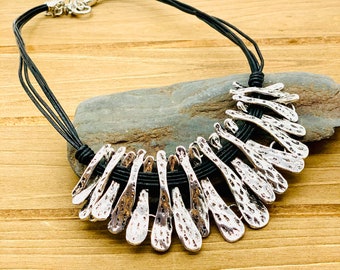 Silver Plated Statement Necklace, Bohemian Black Leather Bib, Ethnic Jewelry