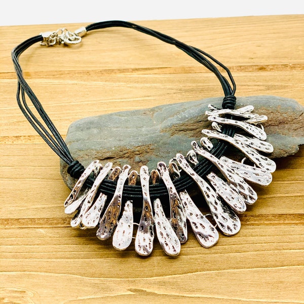 Silver Plated Asymmetrical Statement Necklace, Antique Silver Bohemian Chunky Bib Necklace, Ethnic Jewelry