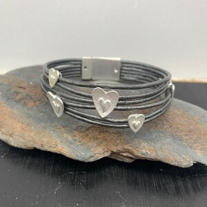 Double Hearts Wrap Silver Cuff ,Gray Leather Beaded Cuff,Braceler for woman,Gifts for mothers day,Boho Style.