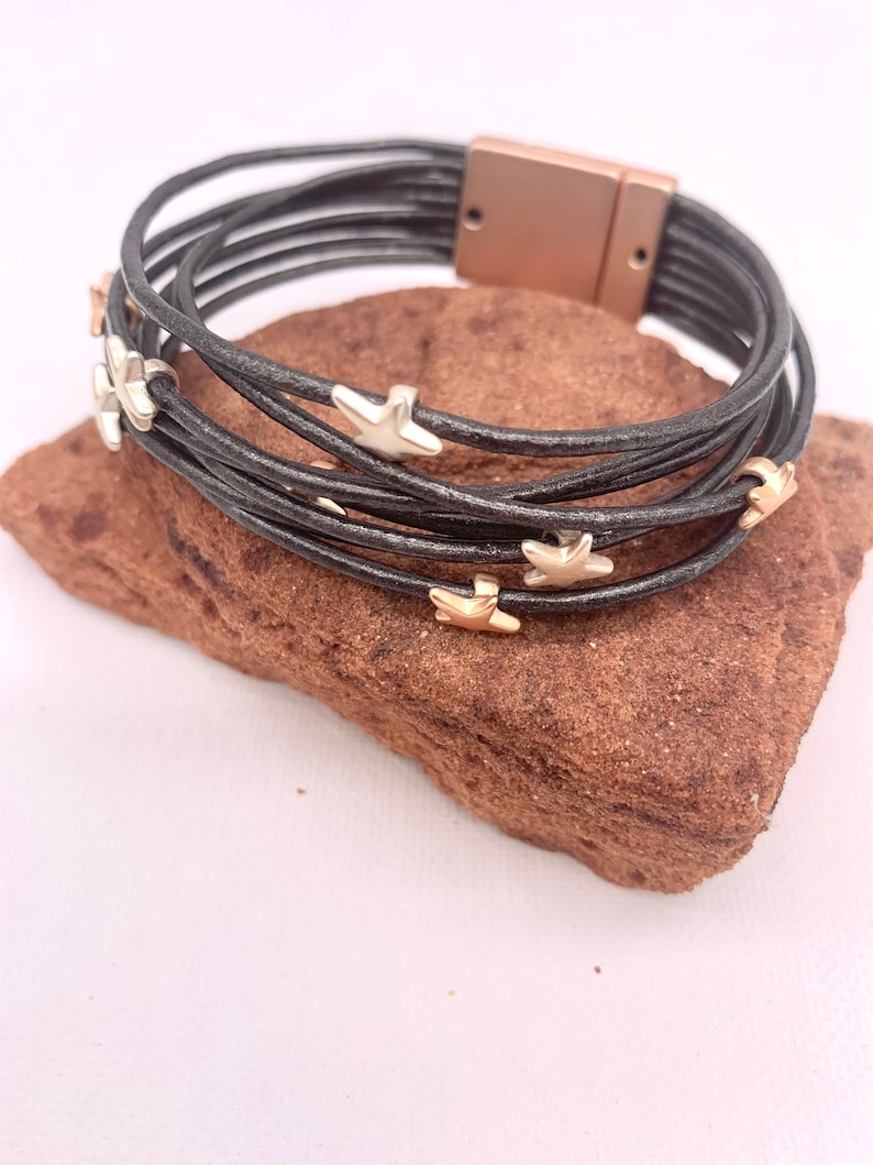 Dark Silver Leather Beaded Cuff,Braceler for woman,Gifts for mothers day,Boho Style. Women/'s Wrap Stars Cuff