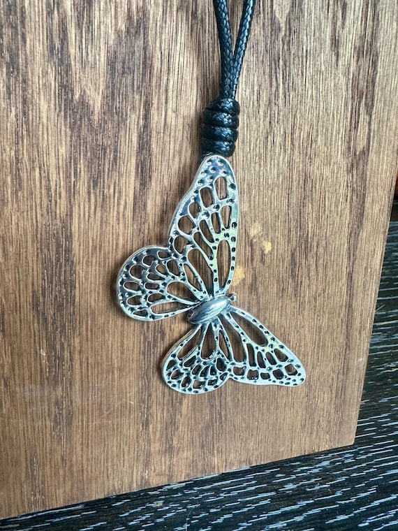 Silver Plated Butterfly Pendant Necklace, Black Leather Cord - Etsy