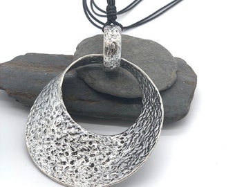 Silver Plated Circle Pendant Necklace, Black Leather Cord