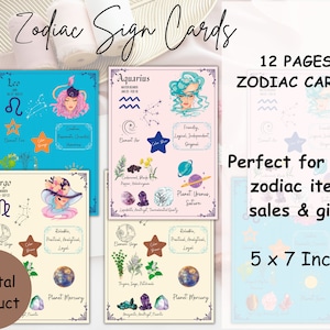 Zodiac Sign, Zodiac Printable Cards - 12 Horoscope Art Cards, Astrology Cards / Star Sign Cards, Zodiac Cards Digital