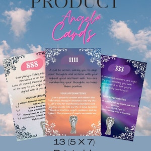 May include: Thirteen printable affirmation cards with angel imagery and angel numbers 888, 1111, and 333. Each card has a pink, orange, or purple background with a white border and ornate black and white design. The cards are titled "Angel Cards" and "Printable Affirmation Cards".