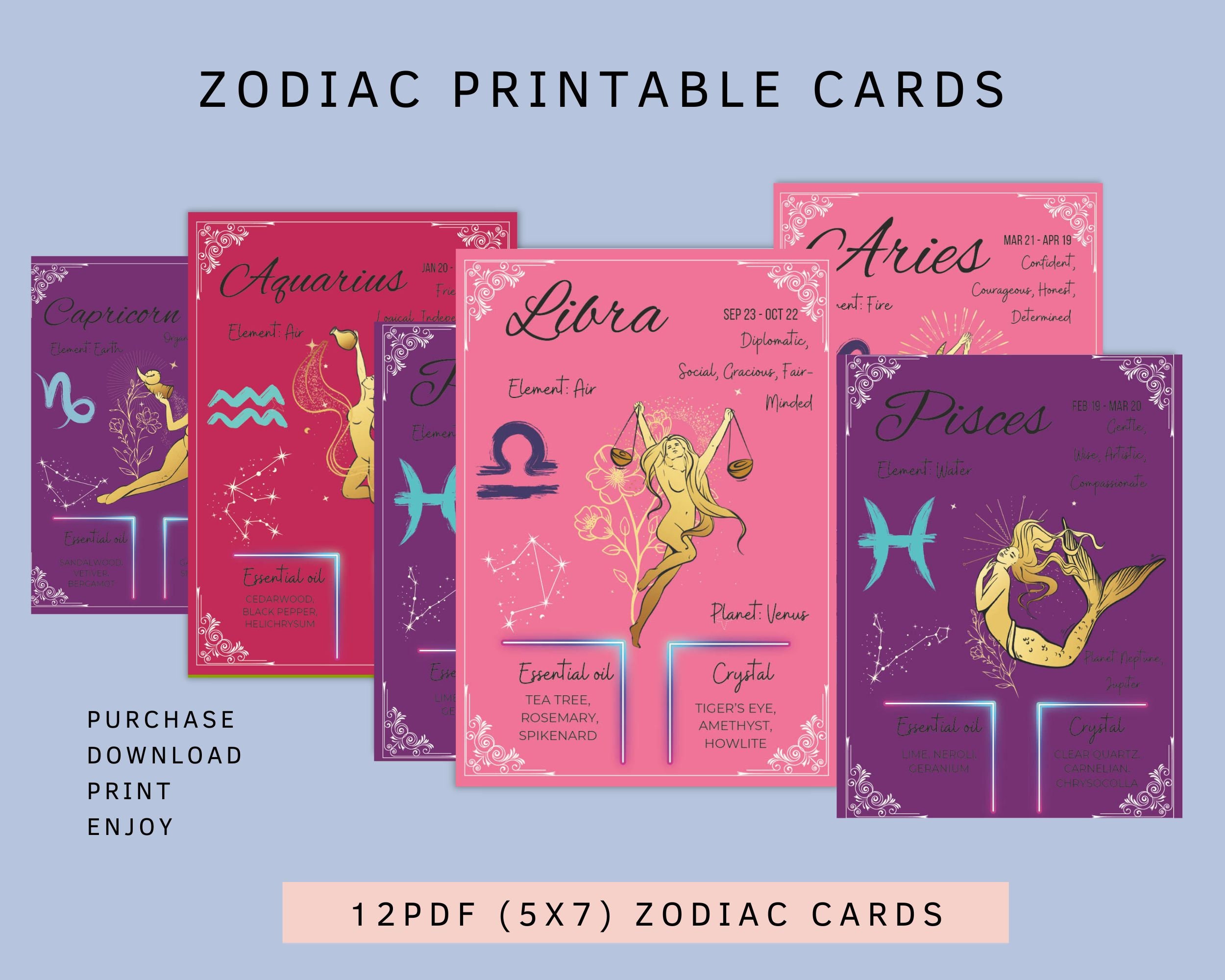 Zodiac Sign, Zodiac Printable Cards - 12 Horoscope Art Cards, Astrology ...