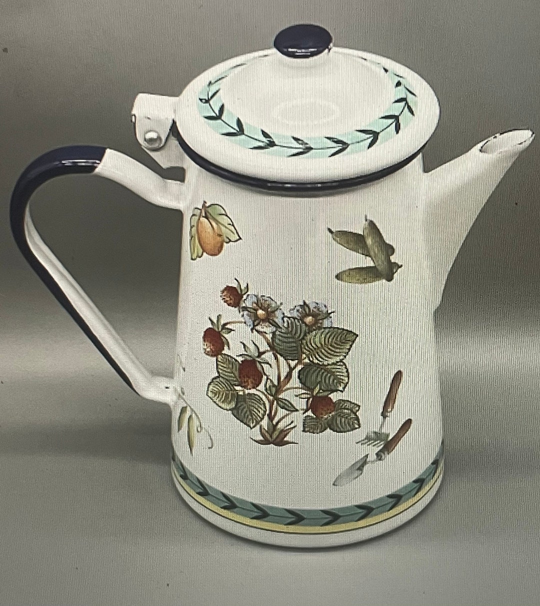 French Country Villeroy and Boch Enameled Metal Coffee Pot With Garden