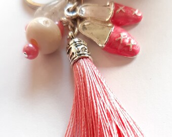 Pretty in Pink Bag Charm Silky Tassel Pompom Keychain Pearl Enamel Shoes