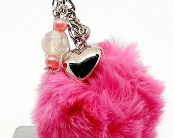 Pink Pompom Keychain: Silver Heart Charm, Bag Purse Accessory