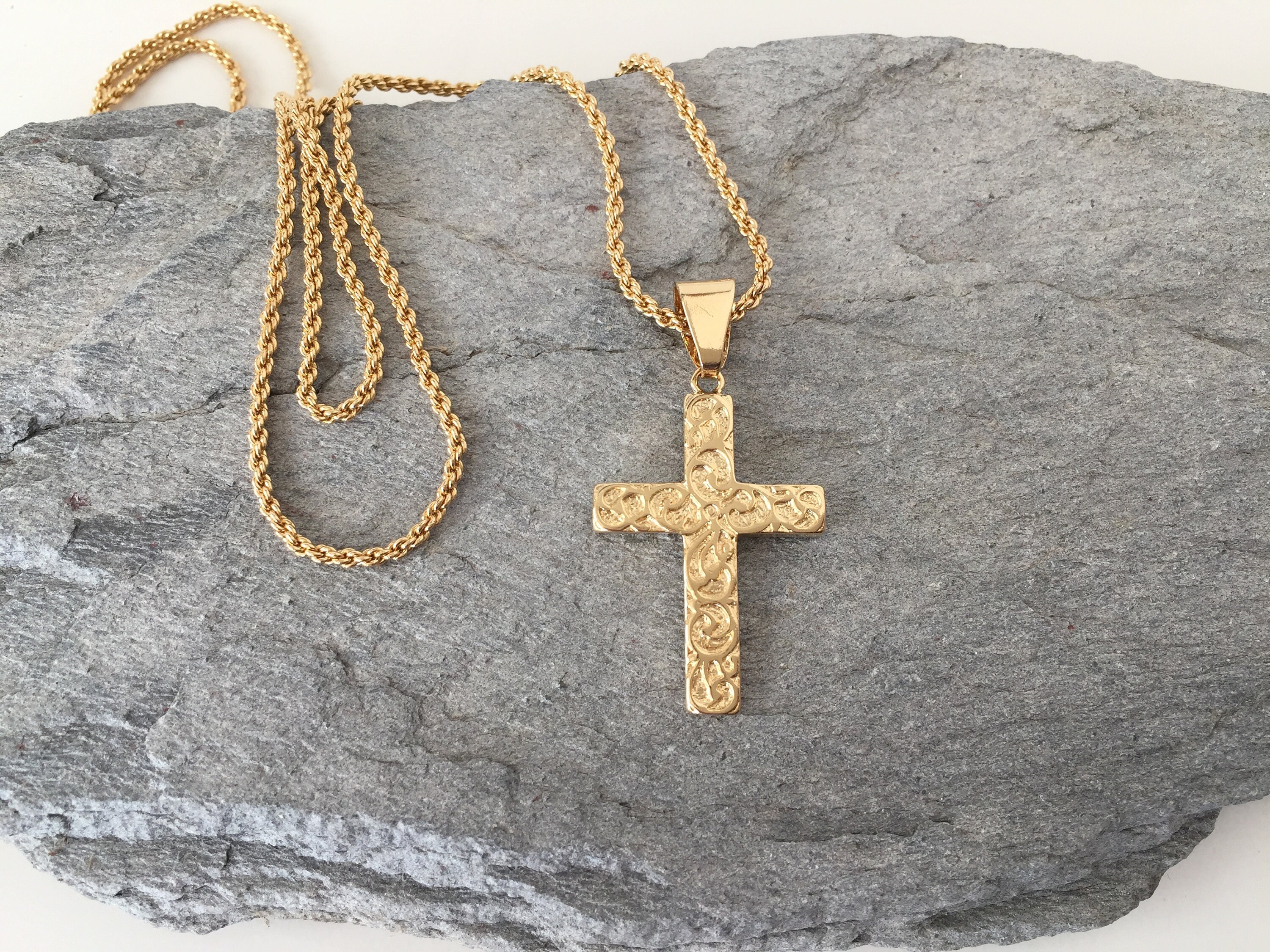 Gold Cross Necklace 2mm French Rope 