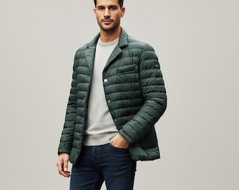 Tailored mens winter goose down jacket, Short down coat, Warm men's jacket handmade in Italy..