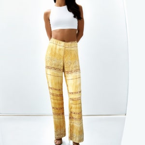 Printed linen trousers with elastic  waistband and wide leg, Tailored linen pants, handmade in Italy.